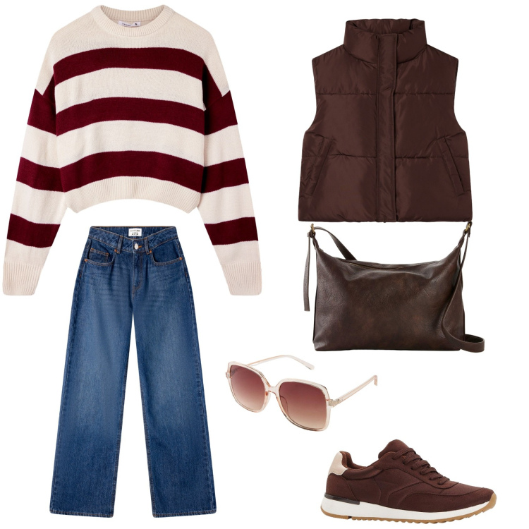 Outfit donna - Marrone. Stile Casual per Tutti i giorni. Abbinamento con sneakers, occhiali da sole, borse a tracolla, jeans, maglieria, piumini.