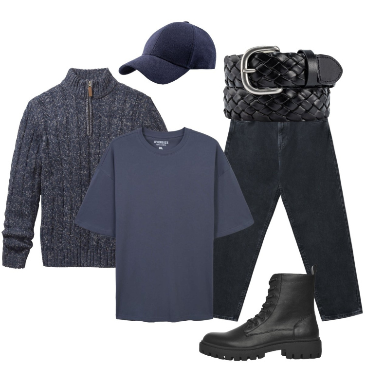 Outfit uomo - Total look #2255619. Stile Casual per Tutti i giorni. Abbinamento con maglieria, anfibi, jeans, t-shirt, cappelli con visiera, cinture.