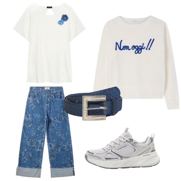 Outfit donna - Intramontabile blu. Stile Casual per Tutti i giorni. Abbinamento con sneakers, maglieria, jeans dritti, t-shirt, cinture.