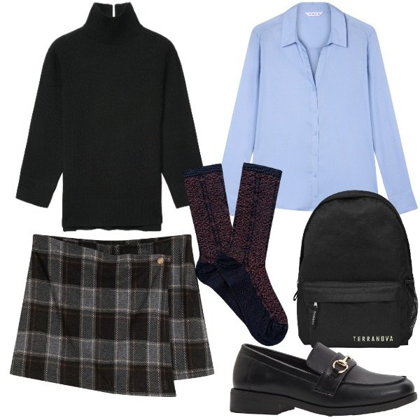 Outfit donna - Preppy. Stile Preppy per Scuola/Università. Abbinamento con mocassini, gonne, zaini, camicie, maglieria, calzini.