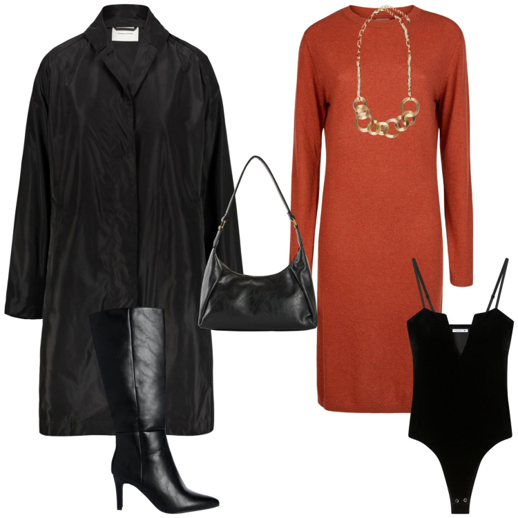Outfit donna - Minimal chic. Stile Minimal per Serata fuori. Abbinamento con borse a mano, body, stivali sopra il ginocchio, vestiti midi/longuette, trench, collane.