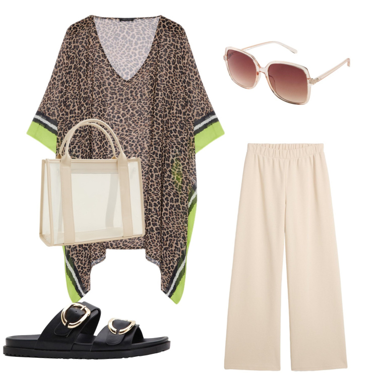 Outfit donna - Animalier di fine estate. Stile Casual chic per Mare. Abbinamento con ciabatte, occhiali da sole, pantaloni, borse tote, caftani.