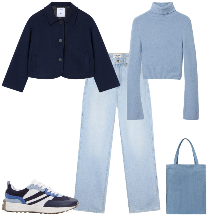 Outfit donna - Total look #2255628. Stile Casual per Tutti i giorni. Abbinamento con sneakers, maglieria, blazer, jeans dritti, borse tote.