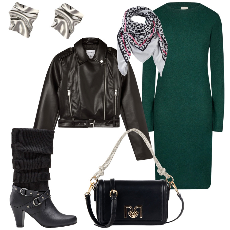 Outfit donna - La sera al cinema. Stile Casual per Serata fuori. Abbinamento con stivali, foulard, giacche, borse a mano, vestiti midi/longuette, orecchini.