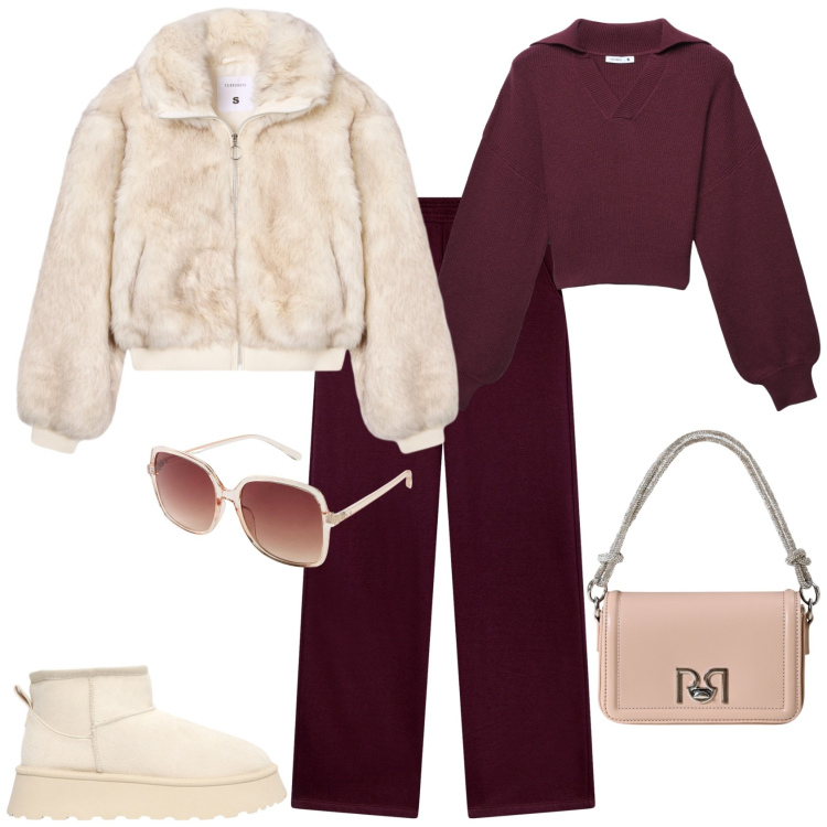 Outfit donna - Sporty chic. Stile Sporty chic per Tutti i giorni. Abbinamento con occhiali da sole, maglieria, stivaletti, pantaloni, ecopellicce, borse a mano.