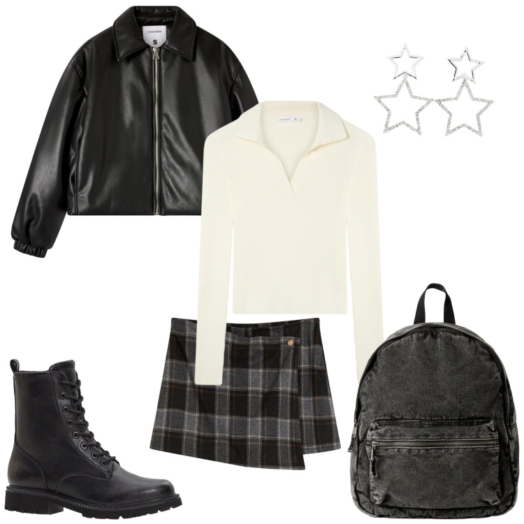Outfit donna - A scuola. Stile Trendy per Scuola/Università. Abbinamento con stivaletti, gonne, zaini, orecchini, bomber, maglieria.