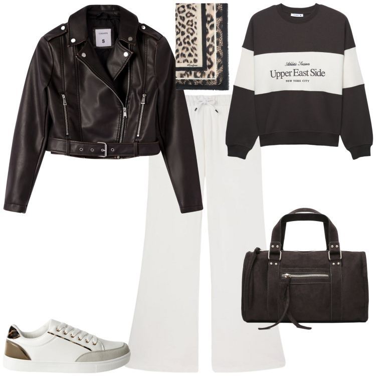 Outfit donna - Total look #2255632. Stile Sporty chic per Tutti i giorni. Abbinamento con pantaloni, sneakers, giacche, felpe sportive, borse a mano, foulard.