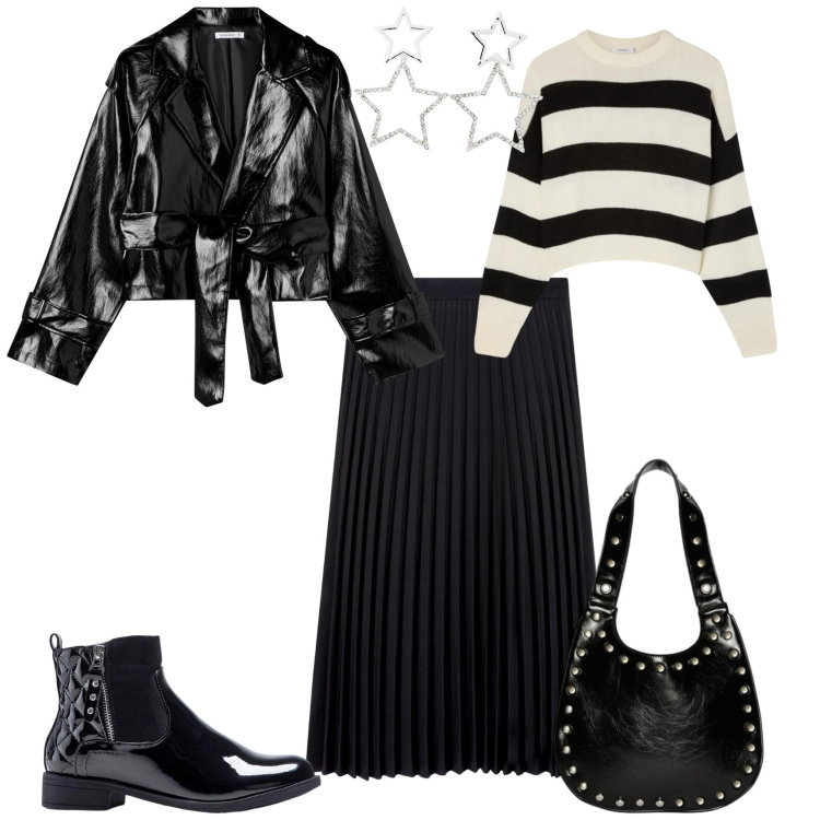 Outfit donna - Rock chic. Stile Rock per Serata fuori. Abbinamento con stivaletti, maglieria, gonne lunghe, giacche, orecchini, borse a spalla.