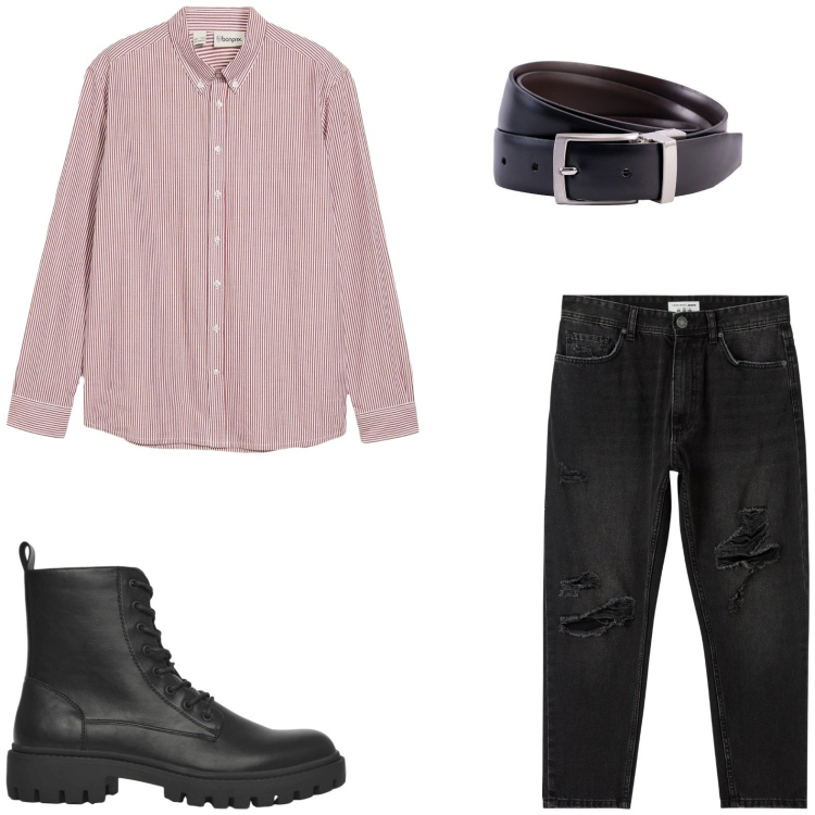 Outfit uomo - Ritorno a casa. Stile Casual per Tutti i giorni. Abbinamento con camicie, anfibi, jeans strappati, cinture.