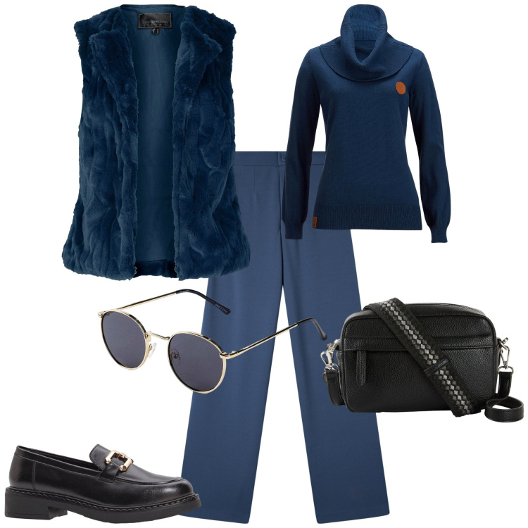 Outfit donna - Total look #2255638. Stile Sporty chic per Tutti i giorni. Abbinamento con gilet, maglieria, borse a tracolla, mocassini, occhiali da sole, pantaloni.