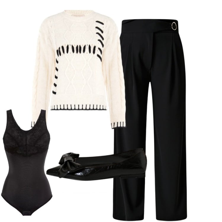 Outfit donna - Rinascimento autunno. Stile Chic per Tutti i giorni. Abbinamento con body, pantaloni a palazzo, maglieria, ballerine.