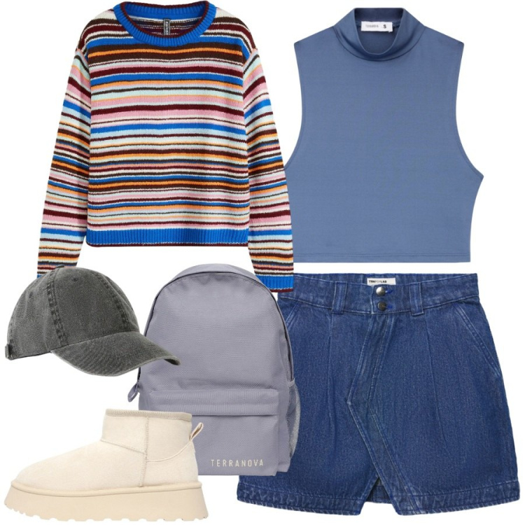 Outfit donna - Look giovane e fresco. Stile Casual per Scuola/Università. Abbinamento con maglieria, cappelli con visiera, zaini, top, stivaletti, minigonne.