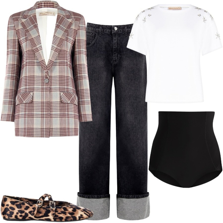 Outfit donna - Rinascimento autunno. Stile Chic per Tutti i giorni. Abbinamento con blazer, culotte, jeans, ballerine, t-shirt.
