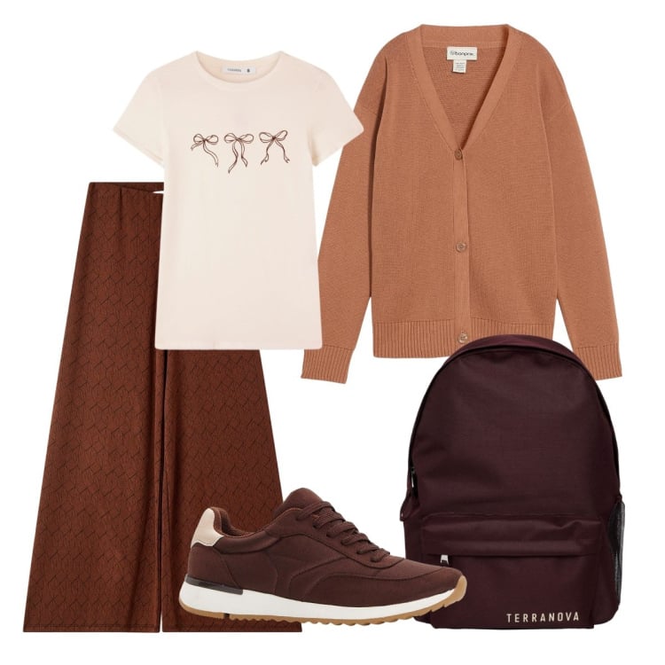 Outfit donna - Università. Stile Casual chic per Scuola/Università. Abbinamento con sneakers, cardigans, t-shirt, zaini, pantaloni.