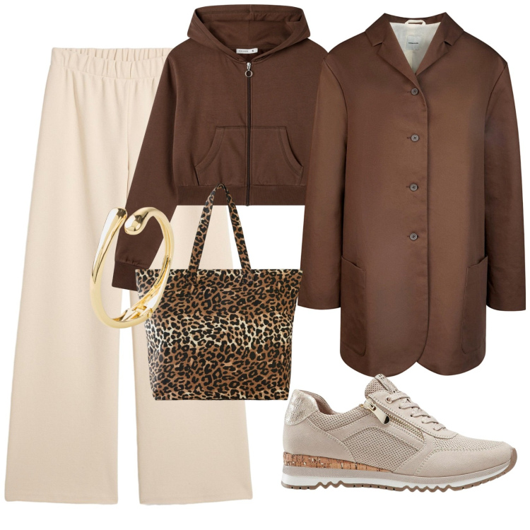 Outfit donna - Autunno. per Tutti i giorni. Abbinamento con pantaloni, braccialetti, sneakers, shopping bag, felpe con cappuccio, trench.