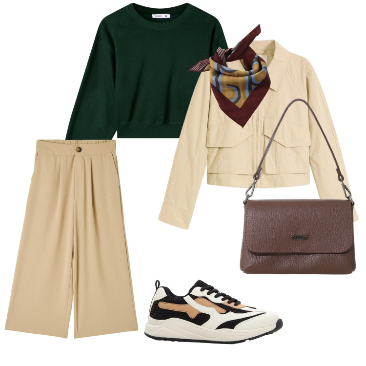 Outfit donna - Primo ottobre. per Tutti i giorni. Abbinamento con sneakers, trench, pantaloni a palazzo, felpe, borse a tracolla, foulard.