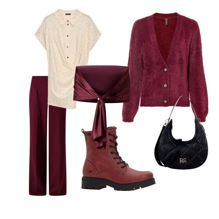 Outfit donna - Rosso autunnale. Stile Casual per Tutti i giorni. Abbinamento con cardigans, stivaletti, scialli, borse a tracolla, pantaloni a palazzo, camicie a manica corta.