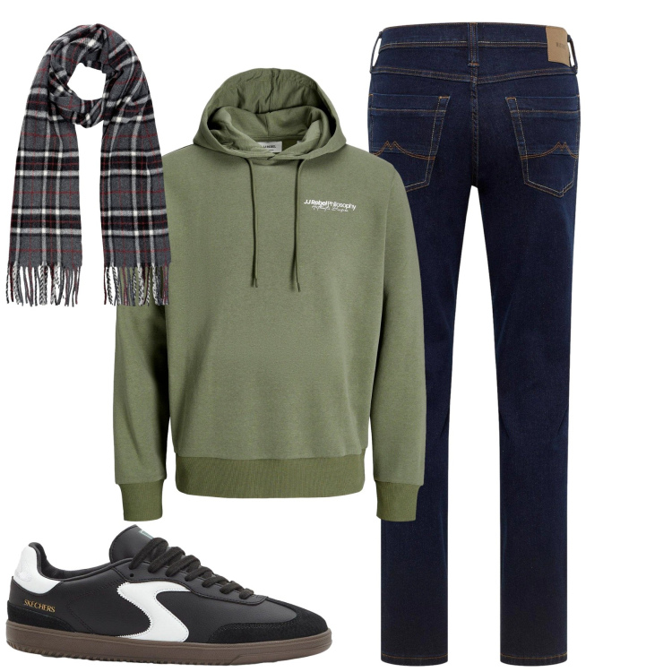 Outfit uomo - Total look #2255652. Stile Casual per Tutti i giorni. Abbinamento con sneakers, jeans dritti, felpe con cappuccio, sciarpe.