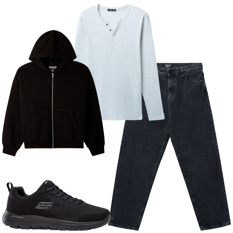 Outfit uomo - Total look #2255655. Stile Casual per Tutti i giorni. Abbinamento con sneakers, jeans, felpe con cappuccio, t-shirt.