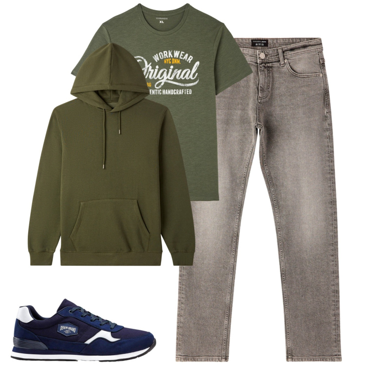 Outfit uomo - City. Stile Casual per Tutti i giorni. Abbinamento con sneakers, jeans, felpe con cappuccio, t-shirt.