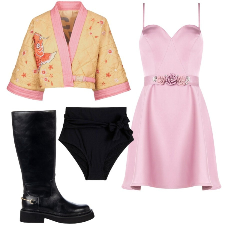 Outfit donna - Come in passerella. Stile Glamour per Serata fuori. Abbinamento con culotte, vestiti corti, stivali sopra il ginocchio, kimono.