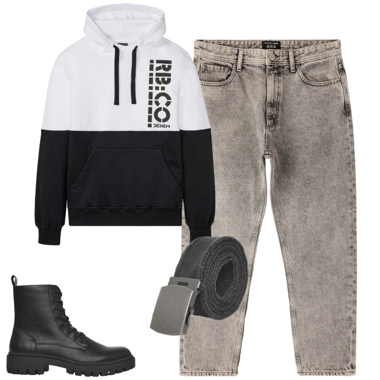 Outfit uomo - Total look #2255658. Stile Casual per Tutti i giorni. Abbinamento con felpe con cappuccio, anfibi, cinture, jeans dritti.