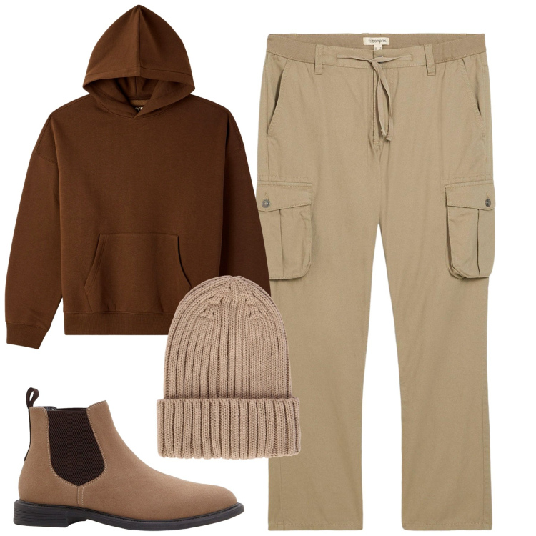Outfit uomo - Total look #2255660. Stile Casual per Tutti i giorni. Abbinamento con stivali e stivaletti, pantaloni cargo, felpe con cappuccio, berretti.