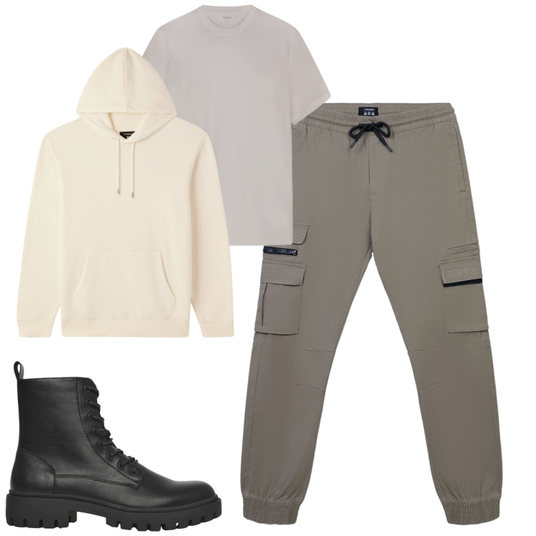 Outfit uomo - Total look #2255662. Stile Casual per Tutti i giorni. Abbinamento con anfibi, pantaloni cargo, felpe con cappuccio, t-shirt.