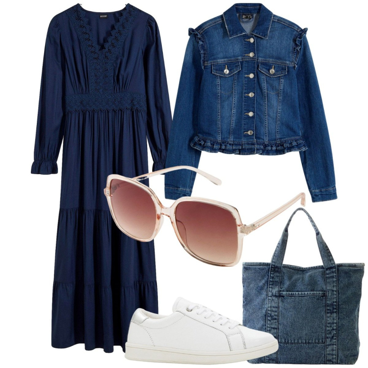 Outfit donna - In blu. Stile Casual chic per Tutti i giorni. Abbinamento con sneakers, blazer, occhiali da sole, shopping bag, vestiti lunghi.