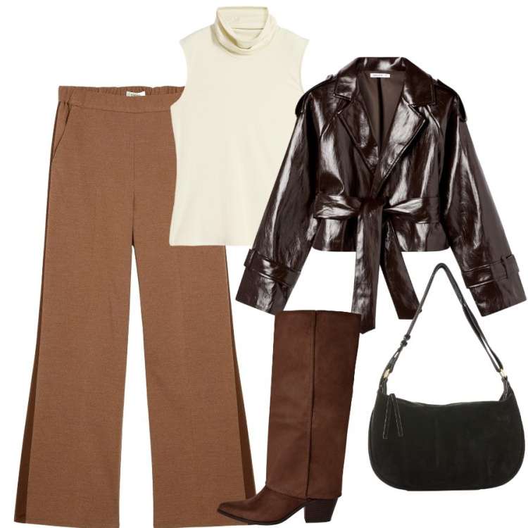 Outfit donna - Marrone super trendy. Stile Trendy per Serata fuori. Abbinamento con top, borse a mano, pantaloni, giacche, stivali sopra il ginocchio.