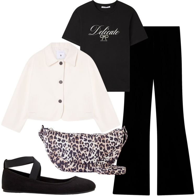 Outfit donna - Basica in città. Stile Basic per Tutti i giorni. Abbinamento con ballerine, borse a tracolla, t-shirt, blazer, leggings.