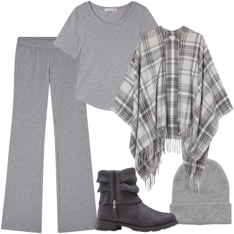 Outfit donna - Il poncho comodo e caldo. Stile Casual per Tutti i giorni. Abbinamento con stivaletti, berretti, cappotti, t-shirt, leggings.
