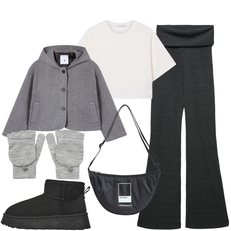 Outfit donna - Passeggiando. Stile Sporty chic per Sport. Abbinamento con leggings, marsupi, stivaletti, t-shirt, caban, guanti.