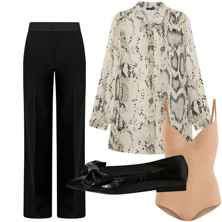 Outfit donna - Camiciona animalier. Stile Chic per Ufficio. Abbinamento con body, ballerine, pantaloni a palazzo, camicie.