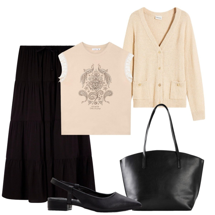 Outfit donna - Semplice. Stile Basic per Tutti i giorni. Abbinamento con shopping bag, décolleté, cardigans, t-shirt, gonne lunghe.