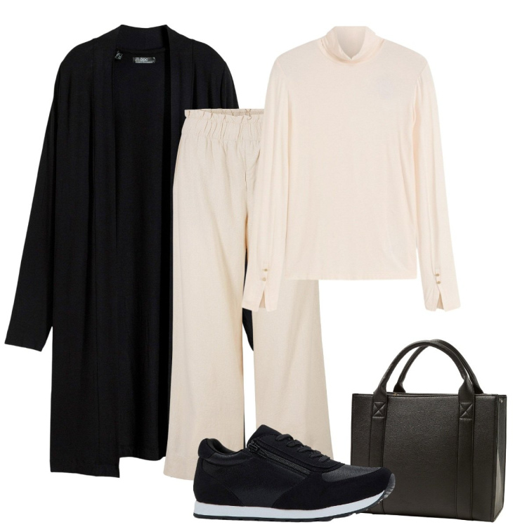 Outfit donna - Il cardigan lungo. Stile Basic per Serata fuori. Abbinamento con sneakers, pantaloni culotte, maglieria, cardigans, borse tote.