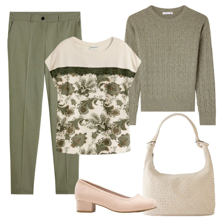 Outfit donna - La maglia fiorata. Stile Casual chic per Tutti i giorni. Abbinamento con t-shirt, décolleté, pantaloni, shopping bag, maglieria.