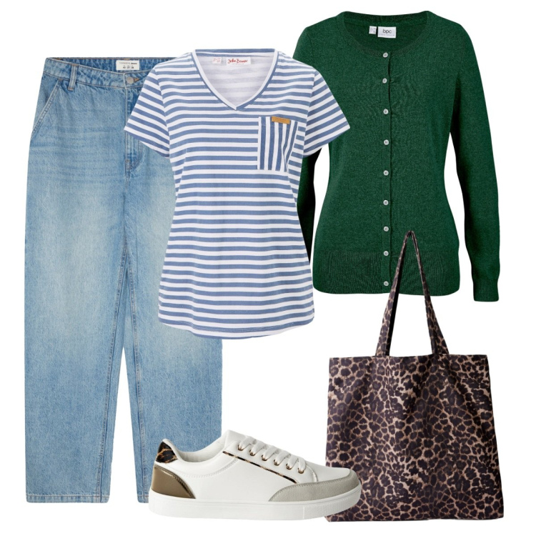 Outfit donna - Animalier. Stile Casual per Tutti i giorni. Abbinamento con t-shirt, cardigans, sneakers, shopping bag, jeans.