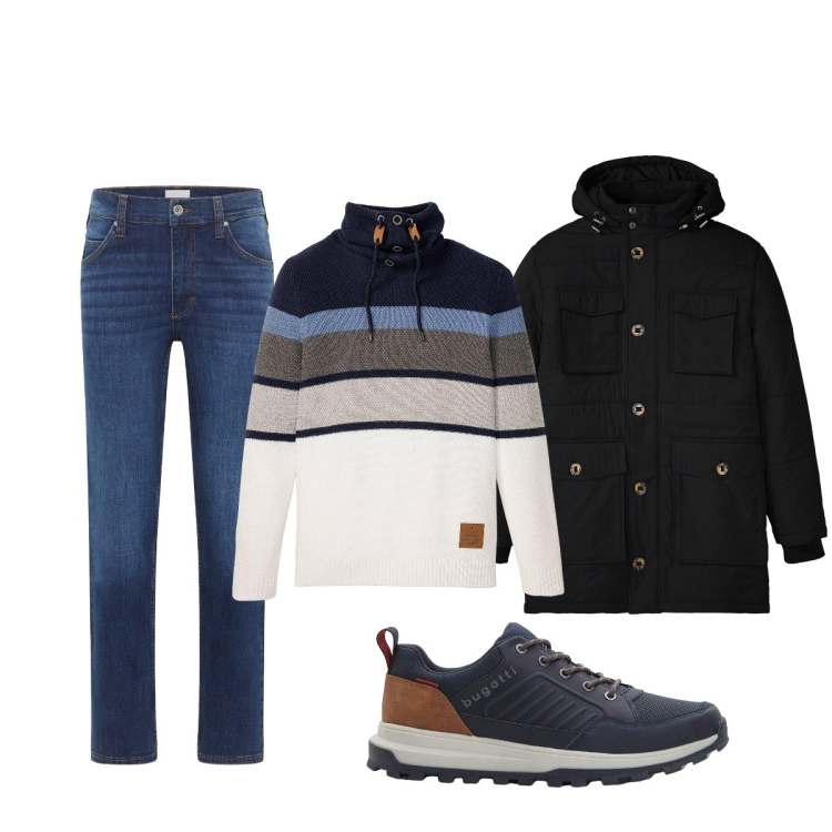 Outfit uomo - Total look #2255681. Stile Casual per Tutti i giorni. Abbinamento con parka, maglieria, jeans dritti, sneakers.
