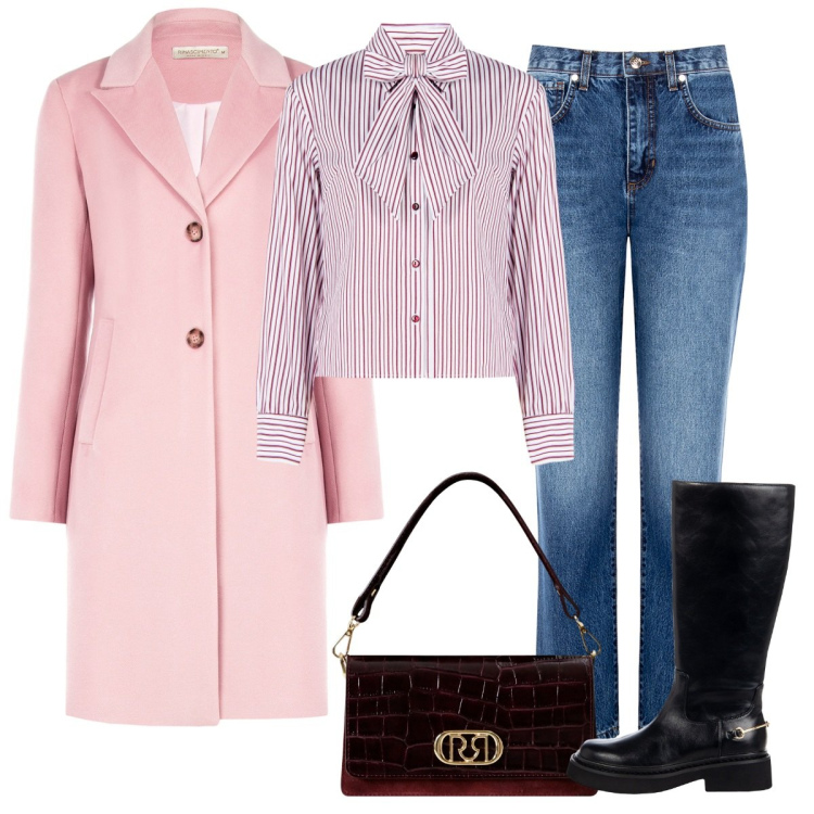Outfit donna - Cappotto rosa. Stile Casual chic per Ufficio. Abbinamento con jeans boyfriend, camicie, borse a mano, stivali sopra il ginocchio, cappotti.