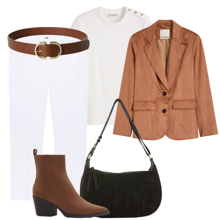 Outfit donna - Outfit furbo. Stile Basic per Tutti i giorni. Abbinamento con stivaletti texani, borse a mano, blazer, t-shirt, cinture, pantaloni chino.
