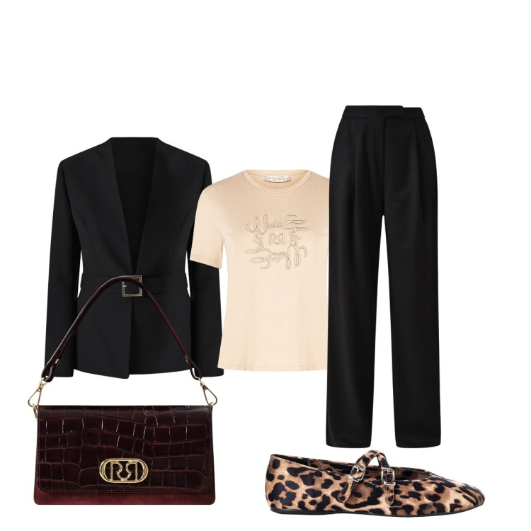 Outfit donna - Total look #2255687. Stile Chic per Serata fuori. Abbinamento con ballerine, t-shirt, pantaloni, borse a mano, blazer.
