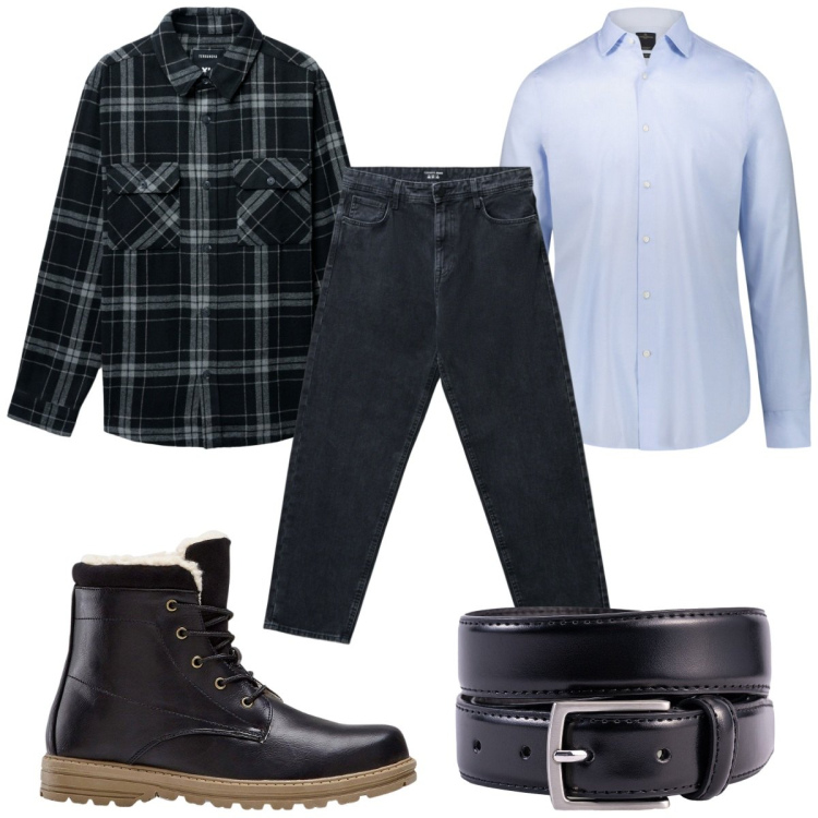 Outfit uomo - Total look #2255690. Stile Casual per Tutti i giorni. Abbinamento con stivali e stivaletti, jeans, cappotti, camicie, cinture.