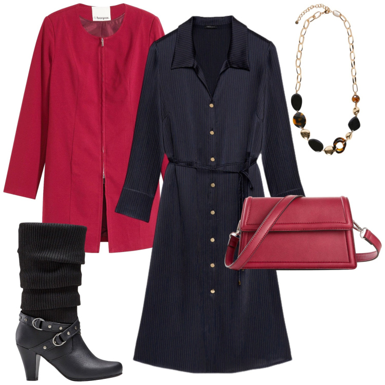 Outfit donna - Total look #2255691. Stile Rock per Ufficio. Abbinamento con stivali, borse a tracolla, blazer, vestiti lunghi, collane.