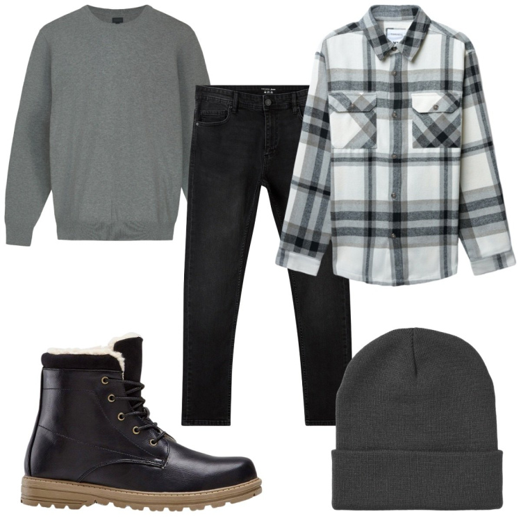 Outfit uomo - Total look #2255696. Stile Trendy per Tutti i giorni. Abbinamento con stivali e stivaletti, jeans skinny, cappotti, berretti, maglieria.