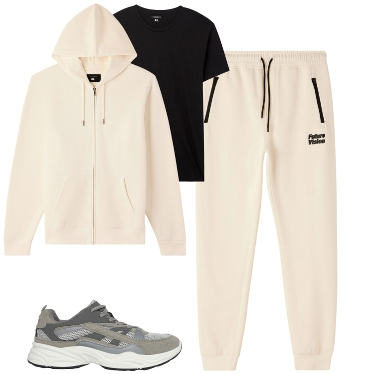 Outfit uomo - Sportivo. Stile Casual per Tutti i giorni. Abbinamento con t-shirt, sneakers, felpe con cappuccio, pantaloni.