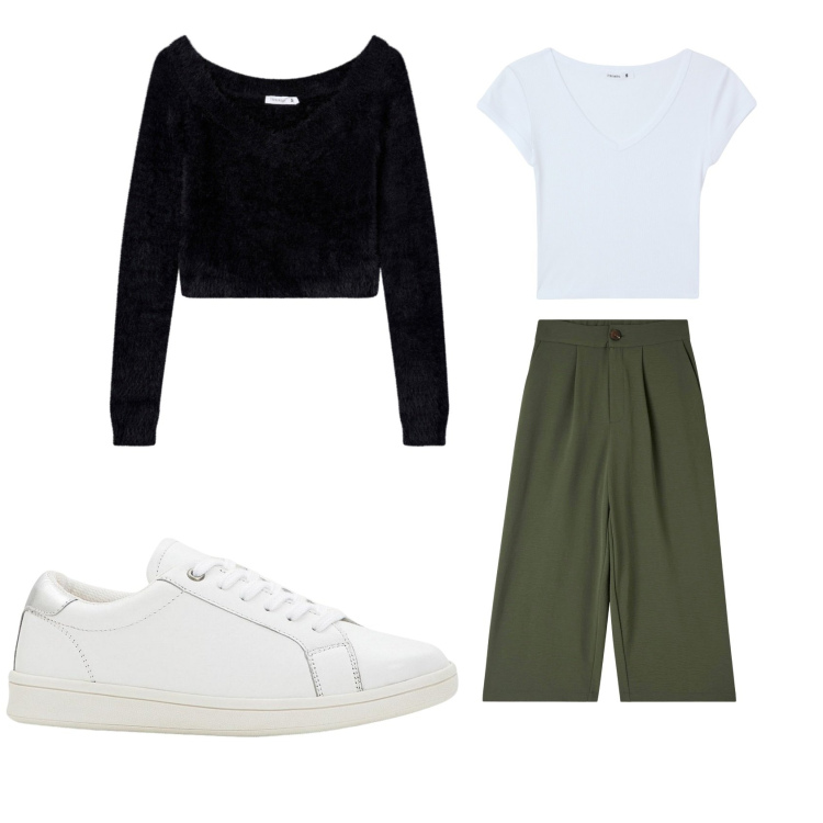 Outfit donna - Total look #2255699. Stile Casual Abbinamento con sneakers, maglieria, t-shirt sportive, pantaloni a palazzo.