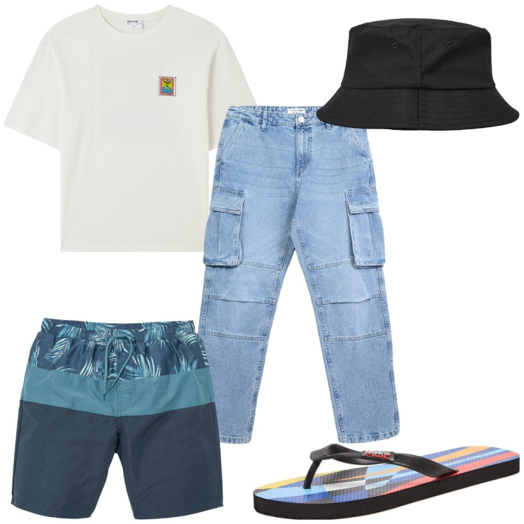 Outfit uomo - Total look #2255705. Stile Trendy per Mare. Abbinamento con costumi, sandali, cappelli con visiera, jeans, t-shirt.