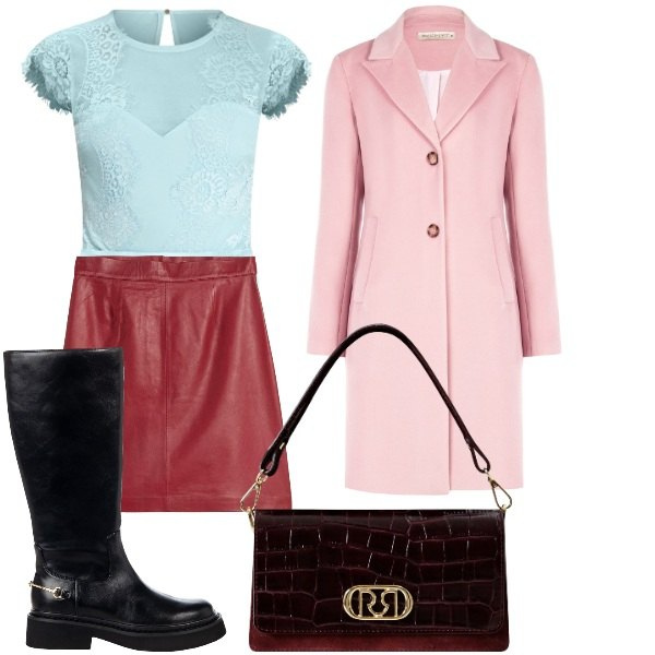 Outfit donna - la gonna in nappa rossa. Stile Trendy per Tutti i giorni. Abbinamento con minigonne, body, borse a mano, stivali sopra il ginocchio, cappotti.