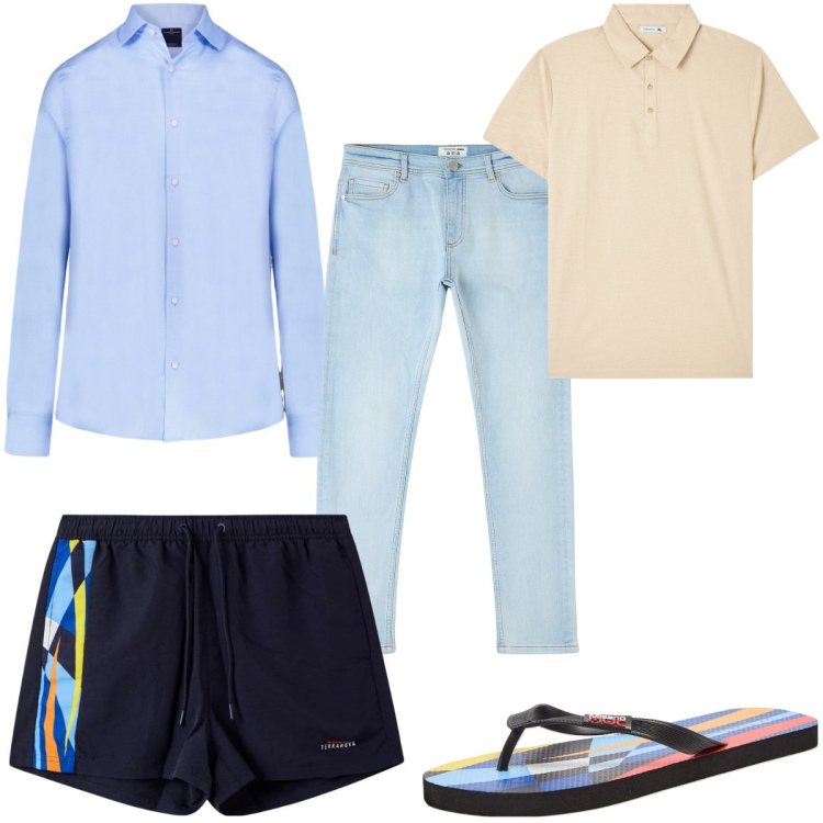 Outfit uomo - Total look #2255709. Stile Trendy per Mare. Abbinamento con sandali, costumi, jeans skinny, polo, camicie.